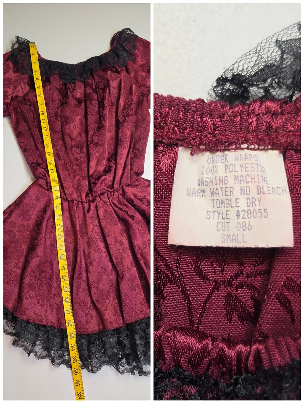 Vintage Off-the-Shoulder Burgundy Satin Jacquard Black Lace Trim Costume Dress - Picture 8 of 8